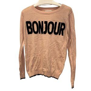 Elle Bonjour pale pink black raised letters graphic sweater S